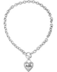 Guess - Silver-tone Dangle Logo Heart Pendant Toggle Necklace - Lyst