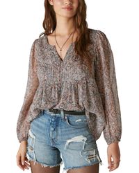 Lucky Brand - Open Neck Printed Peasant Top - Lyst
