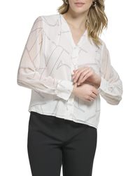 Calvin Klein - Poly Chiffon Long Sleeve Printed Blouse - Lyst