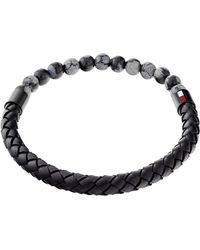 Tommy Hilfiger - Jewelry Ionic Plated Black Steel & Black Leather & Grey Snowflake Beads Leather Bracelet,color: Black - Lyst
