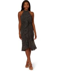 Adrianna Papell Shirred Dot Chiffon Dress in Black | Lyst