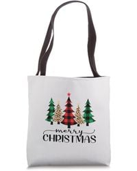 Ash Merry Christmas Holiday Plaid Christmas Tree & Leopard Print Tote Bag - White