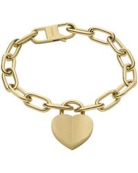 Fossil - Harlow Linear Texture Heart Gold-tone Stainless Steel Station Bracelet - Lyst