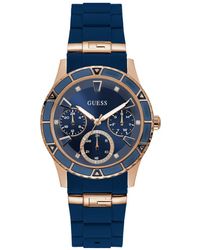 Guess - Stainless Steel Quartz Watch With Leather Calfskin Strap, Blue, 16 (model: U1136l4) - Lyst