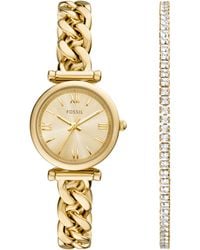 Fossil - Carlie Three-hand Gold-tone Stainless Steel Watch And Bracelet Set - Lyst