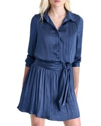 DKNY - Long Sleeve Collared Neck Mini Button Front Pleated Dress - Lyst