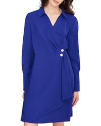 DKNY - Long Sleeve Collared Neck Mini Faux Wrap Front Button Detail Dress - Lyst