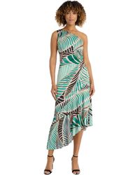 Maggy London - Asymmetrical One-shoulder Midi Tropical Leaf Print-ruched Side-ruffled High-low Hem Cocktail Dress - Lyst