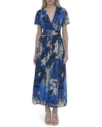 DKNY - Short Sleeve Surplice Neck Ruched Drawstring Waist Maxi Dress - Lyst