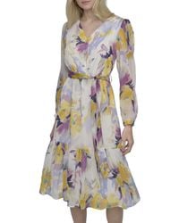 DKNY - Long Sleeve V-neck Tie Waist Midi Dress - Lyst