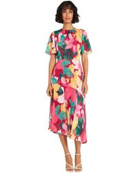 Maggy London - Short Flutter Sleeve Fit And Flare Dress With Asymmetric Hem Tier - Lyst