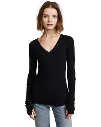 Enza Costa - Womens Cashmere Long Sleeve Cuffed V-neck Top With Thumbhole T Shirt - Lyst