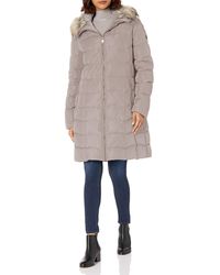 Calvin Klein Womens Quilted Faux Fur Trim Hooded Puffer Coat - Natural