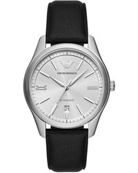 Emporio Armani - Automatic Three-hand Date Silver And Black Leather Band Watch - Lyst