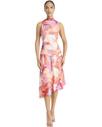 Maggy London - Mock Neck Sleeveless Midi Cocktail Dress With Asymmetrical Hemline-floral Georgette-wedding Guest Attire - Lyst