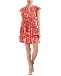 BCBGMAXAZRIA - Fit And Flare Mini Dress Short Ruffle Cap Sleeve Smocked Waist Shoulders Notched V Neck Tiered Skirt - Lyst