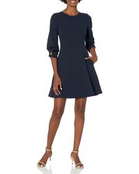 Lark & Ro Gathered 3/4 Sleeve Crew Neck Fit And Flare Dress With - Blue