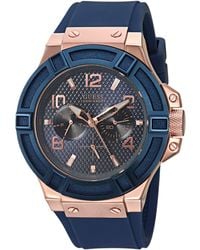 Guess - Comfortable Iconic Blue + Rose Gold-tone Stain Resistant Silicone Chronograph Watch With Date. Color: Blue - Lyst