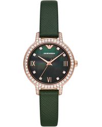 Emporio Armani - Three-hand Rose Gold And Green Leather Band Watch - Lyst