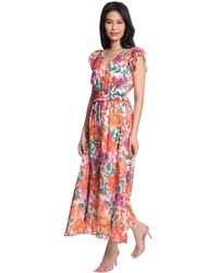 Maggy London - V-neck Short Flutter Sleeve Smocked Waist Maxi Dress - Lyst