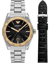 Emporio Armani - Three-hand Date Stainless Steel Watch And Leather Strap Set - Lyst