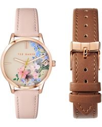 Ted Baker - Ladies Box Set Pink & Tan/blue Leather Strap Watch - Lyst