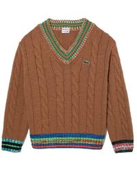 Lacoste - Long Sleeve V-neck Colorblock Cableknit Sweater - Lyst