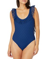 Kenneth Cole Reaction Standard Ruffle Sleeve Scoop Neck One Piece Swimsuit - Blue