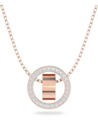 Swarovski - Hollow Pendant Necklace With Double Circle Motif In Rose Gold Tone And White Crystal Pavé On A Rose Gold-tone Finish Chain - Lyst