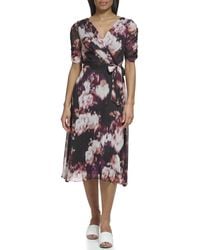 DKNY - Short Ruched Sleeve Faux Wrap Midi Dress - Lyst