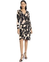Maggy London - Long Sleeve V-neck Wrap Self-tie Belt-knee Length Cocktail Dress - Lyst