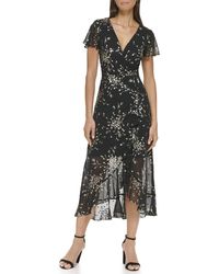 Kensie - Short Flutter Sleeve Faux Wrap Midi Dress - Lyst
