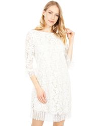 Vince Camuto - Lace And Flock Dot Mesh 3/4 Sleeve Pleat Ruffle Shift Dress - Lyst