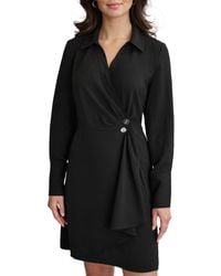 DKNY - Long Sleeve Collared Neck Mini Faux Wrap Front Button Detail Dress - Lyst