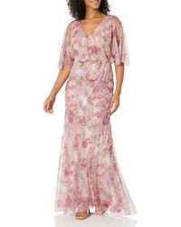 Adrianna Papell - Printed Beaded Mesh Long Gown - Lyst