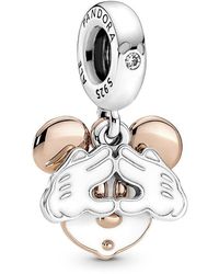PANDORA - Disney Mickey Mouse Sterling Silver And 14k Rose Gold-plated Double Dangle With Clear Cubic Zirconia And White Enamel - Lyst