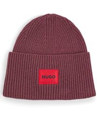HUGO - S Xaff 5 Wool-blend Beanie Hat With Red Logo Label - Lyst