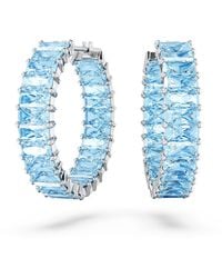 Swarovski - Matrix Hoop Earrings With Princess Cut Blue Crystals On Rhodium Finished Setting - Lyst
