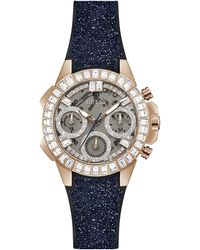 Guess - Tone Stainless Steel Case Clear Dial With Glittered Navy Leather & Silicone - Lyst