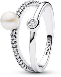 PANDORA - Timeless Sterling Silver Open Ring With White Treated Freshwater Cultured Pearl And Clear Cubic Zirconia - Lyst