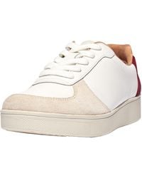 Fitflop - Fq1-a59 Rally Leather And Suede Panel Ladies White & Rich Red Leather & Suede Arch Support Lace Up Trainers - Lyst