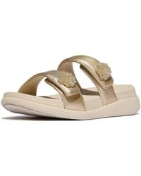 Fitflop - F-Mode Go Beadie-Button Adj. Flatform 2-Bar Slides Wedge Shoes 9 M (B) Synthetic - Lyst