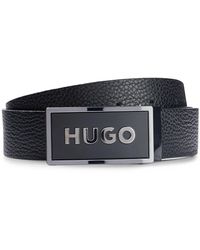 HUGO - Reversible Belt In Grained Leather With Plaque Buckle - Lyst