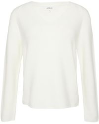 S.oliver - Gerippter Strickpullover aus Baumwollmix mit V-Ausschnitt Creme 44 - Lyst
