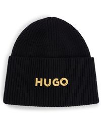 HUGO - Logo-embroidered Beanie Hat In A Virgin-wool Blend - Lyst
