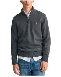 GANT - S Cotton Half Zip Cream Sweater Charcoal L - Lyst