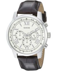 Guess - U0380g2 Classic Silver-tone Watch With Brown Genuine Leather Strap And Multi-function Dial - Lyst