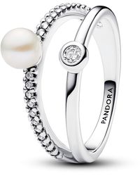 PANDORA - Timeless Bague en argent sterling avec perle de culture d'eau douce traitée blanche et zircones cubiques transparentes - Lyst