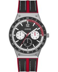 Guess - Inspired Multifunction 44mm Watch – Black Dial Silver-tone Stainless Steel Case With Red Silicone & Black Leather - Lyst