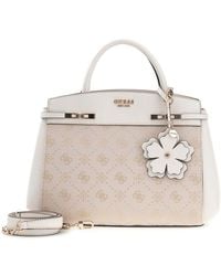 Guess - Melinda Logo Tri Compartment Satchel Handbag Shoulder Bag Cream White Logo Cream - Lyst